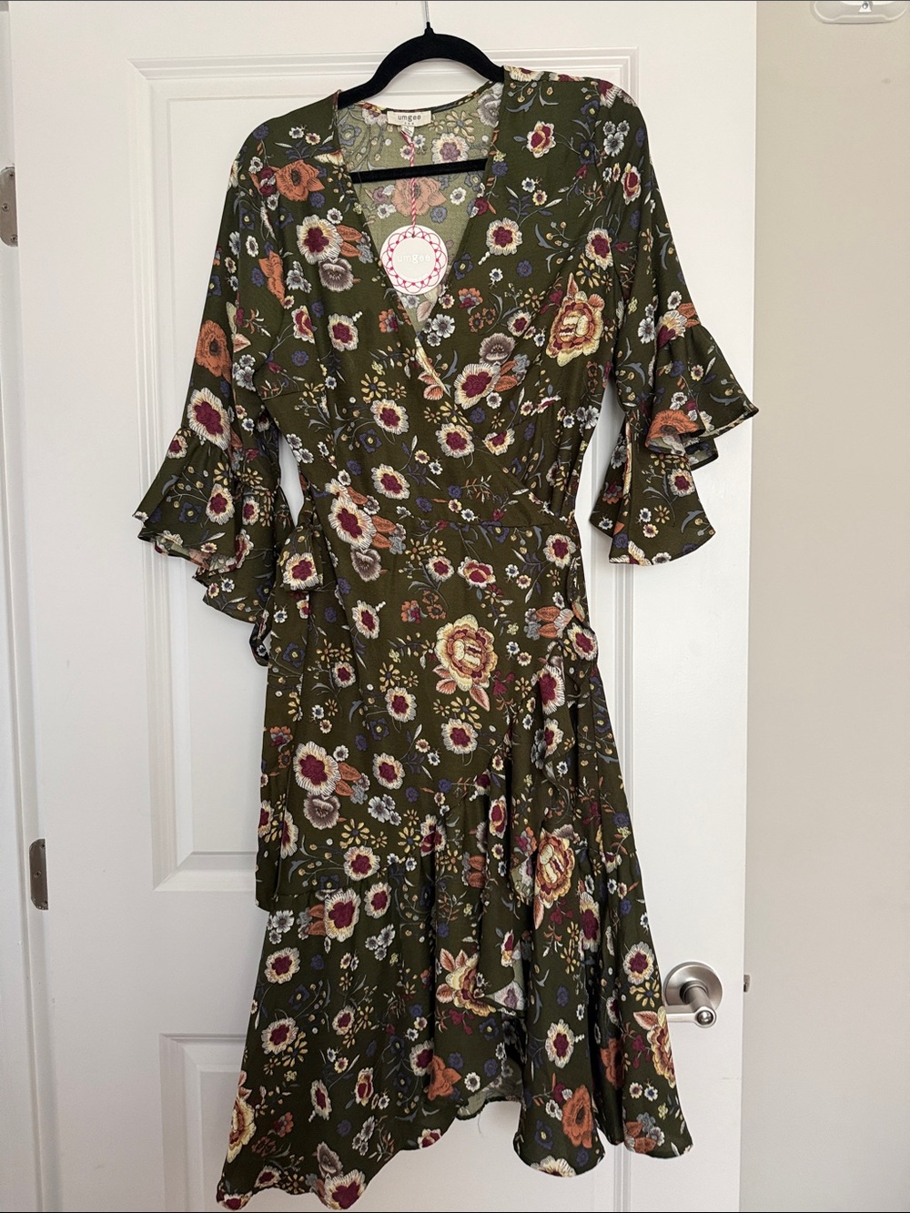 Umgee Olive Green Floral Wrap Midi Dress